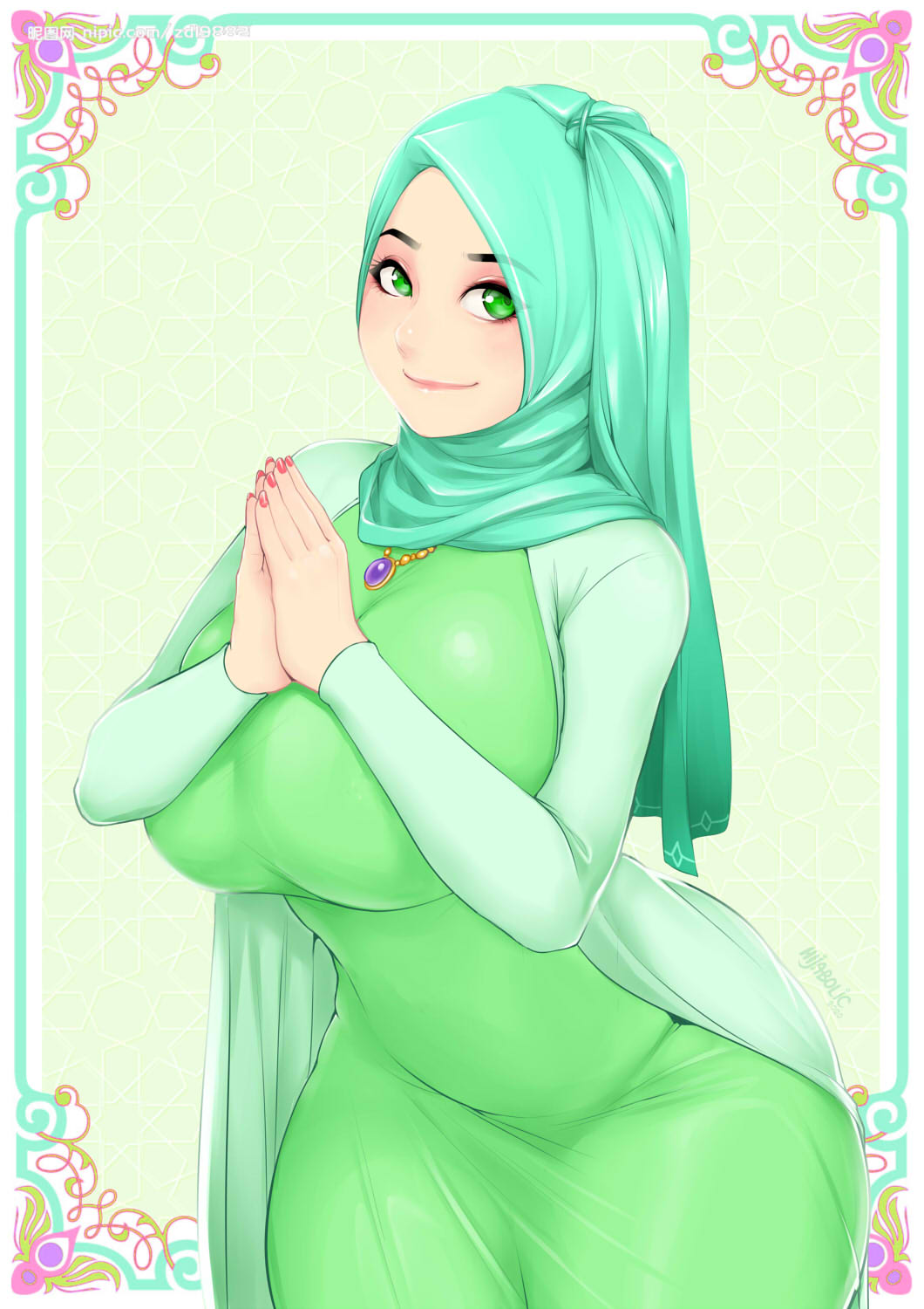 breasts dress green_eyes green_skirt hands_on_own_chest hands_together highres hijab jewelry looking_at_viewer original skirt smile zephyr_aile