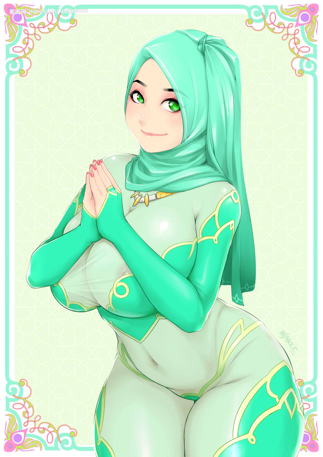 areola_slip areolae breasts green_eyes hand_on_own_chest hands_together highres hijab jewelry large_breasts original skin_tight smile thick_thighs thighs zephyr_aile
