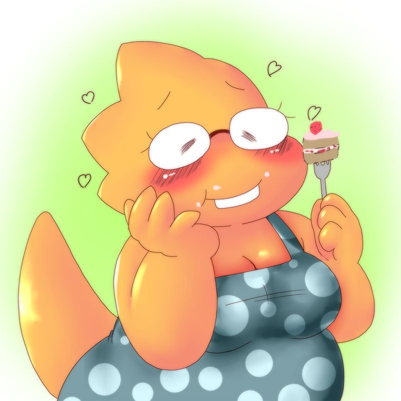 &lt;3 2018 alphys alpi anthro blush breasts cake cleavage clothed clothing cutlery dessert dress eating eyewear female food fork glasses happy kitchen_utensils lizard reptile scalie tools undertale video_games yellow_body yellow_skin