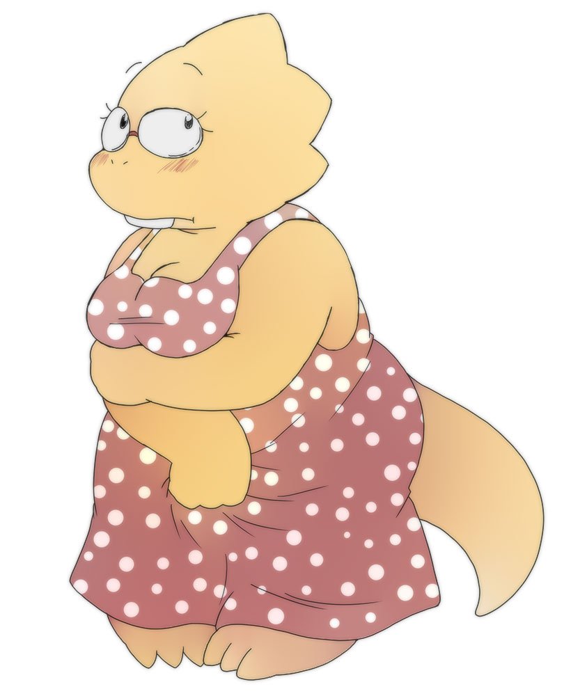 2018 alphys alpi anthro blush breasts cleavage clothed clothing dress eyewear female glasses lizard reptile scalie simple_background solo undertale video_games white_background yellow_body yellow_skin