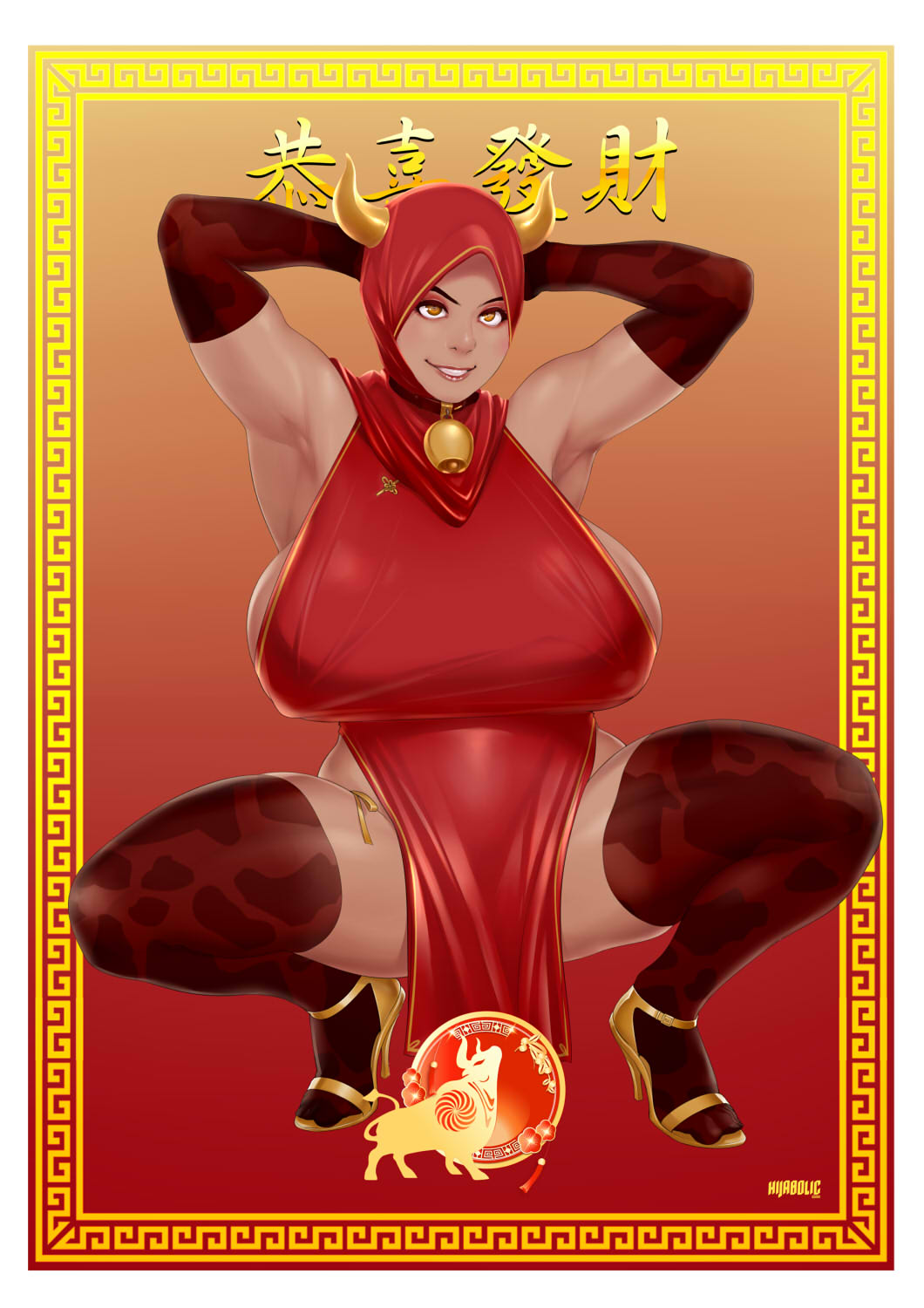 arms_behind_head bell breasts china_dress chinese_clothes chinese_text chinese_zodiac dress high_heels highres hijab horns original smile squatting thighhighs year_of_the_ox yellow_eyes zephyr_aile