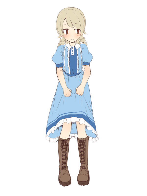 1girl bangs blue_dress blush boots brown_eyes brown_footwear brown_hair closed_mouth collared_dress cross-laced_footwear dress eyebrows_visible_through_hair frilled_dress frills idolmaster idolmaster_cinderella_girls lace-up_boots long_hair looking_away looking_to_the_side morikubo_nono puffy_short_sleeves puffy_sleeves ringlets short_sleeves simple_background skirt_hold smile solo standing uccow white_background
