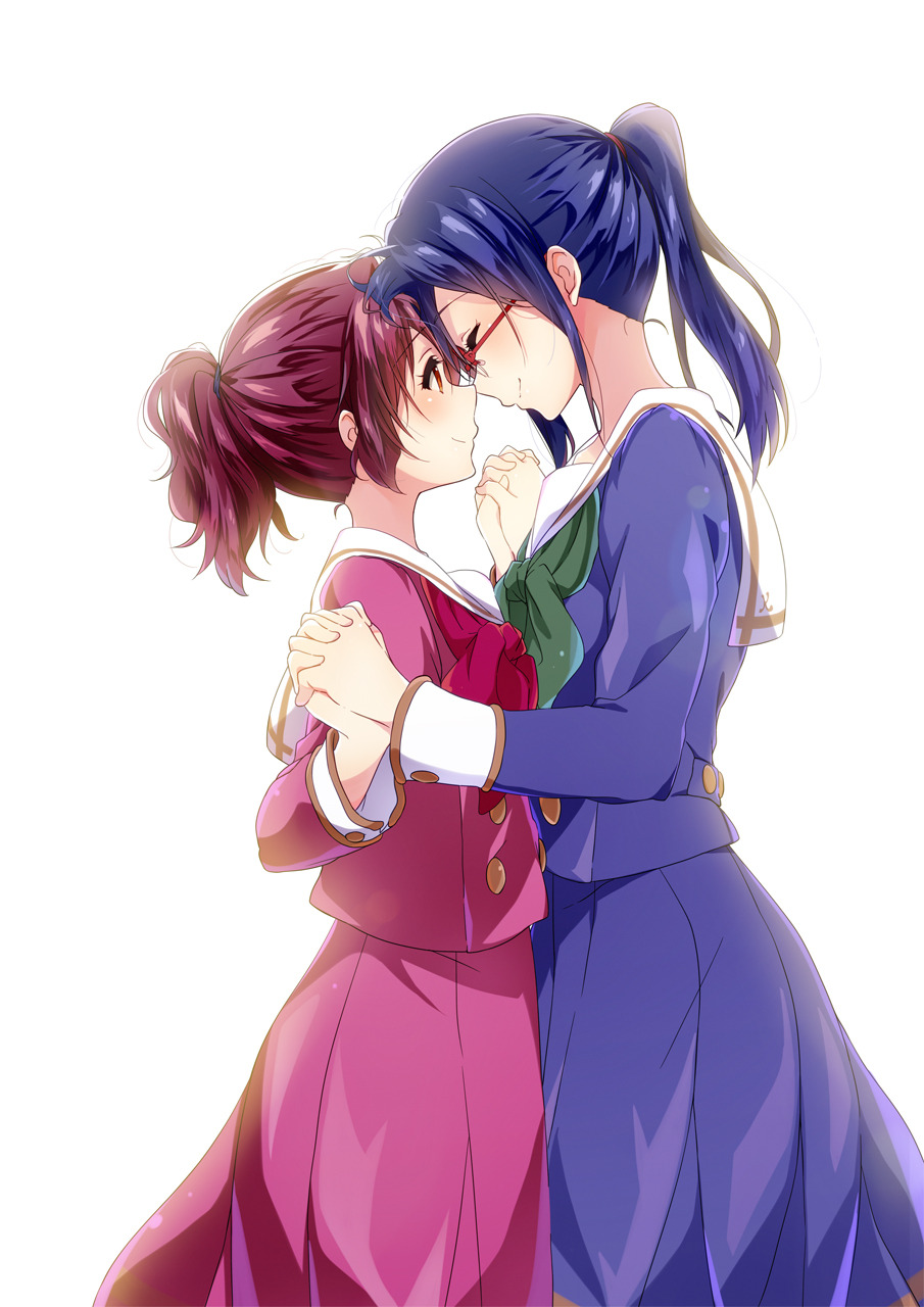 2girls blue_hair blue_shirt blue_skirt blush brown_eyes brown_hair brown_shirt brown_skirt closed_eyes closed_mouth forehead-to-forehead glasses green_neckwear head_to_head hibike!_euphonium highres holding_hands kitauji_high_school_uniform komugiko long_hair long_sleeves looking_at_another medium_hair multiple_girls neckerchief oumae_kumiko ponytail red-framed_eyewear red_neckwear sailor_collar school_uniform serafuku shirt simple_background skirt smile standing tanaka_asuka uniform white_background white_sailor_collar