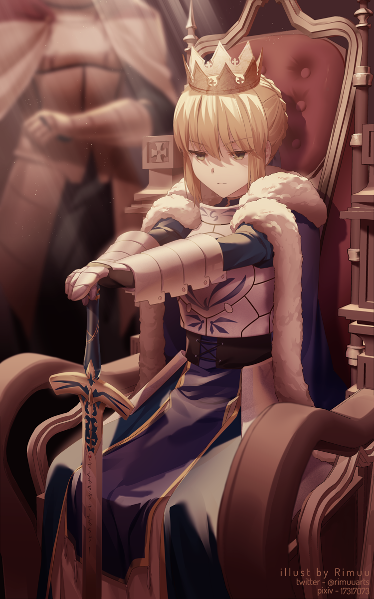 1girl 1other ahoge armor artist_name artoria_pendragon_(all) bangs blonde_hair blurry blurry_background braid breastplate cape closed_mouth commentary_request crown excalibur_(fate/stay_night) eyebrows_visible_through_hair fate/stay_night fate_(series) frown fur_trim gauntlets green_eyes hands_on_hilt hands_up highres holding holding_weapon looking_at_viewer outstretched_arms pixiv_id rimuu saber short_hair sitting solo_focus standing sword throne twitter_username weapon