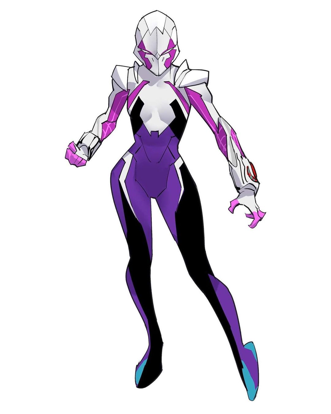 1girl bodysuit clenched_hand dan_mora english_commentary full_body gwen_stacy highres looking_ahead marvel open_hand redesign solo spider-gwen spider-man_(series) standing superhero tokusatsu white_background white_eyes