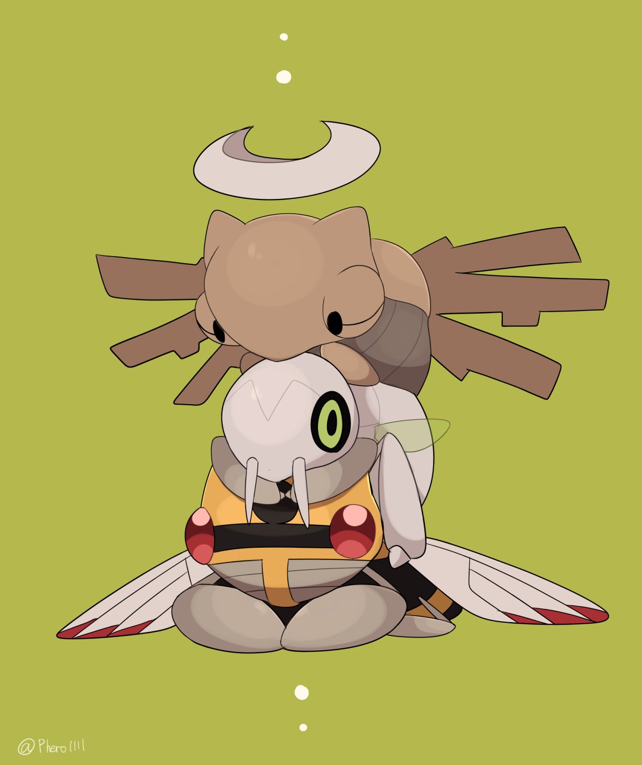 a-nya bug commentary_request gen_3_pokemon green_background green_eyes highres insect nincada ninjask no_humans pokemon pokemon_(creature) red_eyes shedinja simple_background stacking