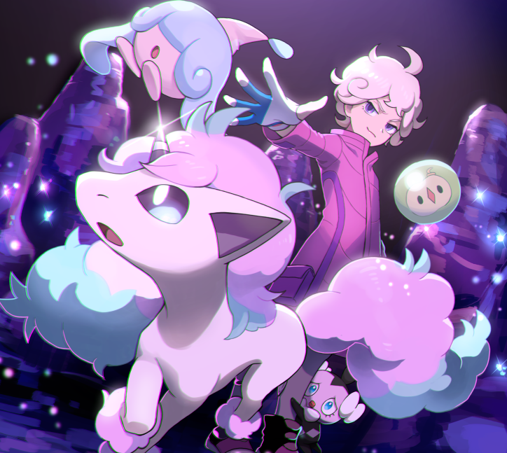 1boy ahoge bangs bede_(pokemon) cave_interior closed_mouth coat commentary_request galarian_form galarian_ponyta gen_5_pokemon gen_8_pokemon gin-jou glint gloves gothita grey_hair hatenna leggings long_sleeves looking_to_the_side male_focus partially_fingerless_gloves pokemon pokemon_(creature) pokemon_(game) pokemon_swsh purple_coat purple_eyes purple_footwear shoes short_hair smile solosis spread_fingers standing