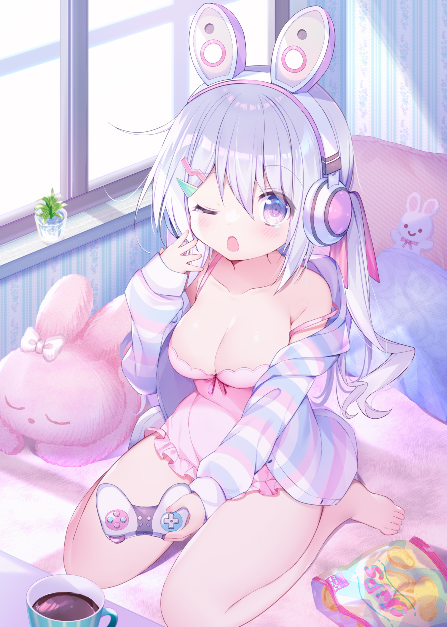 1girl bangs blonde_hair blouse blush breasts bunny bunny_headphones chips coffee_cup controller cup d_omm disposable_cup flower food hair_ornament hair_ribbon hairclip headphones highres hood hoodie joystick long_hair long_sleeves looking_at_viewer medium_breasts moe2021 nightgown one_eye_closed open_mouth original pink_nightgown ribbon seiza simple_background sitting solo tail tail_ornament tail_ribbon thighhighs twintails window