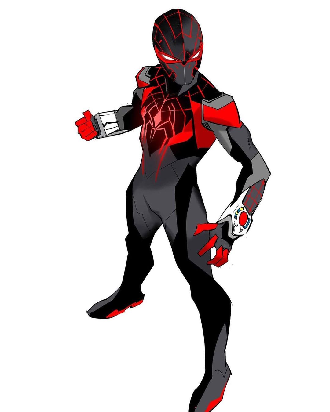 1boy bodysuit clenched_hand dan_mora english_commentary highres looking_to_the_side marvel miles_morales open_hand redesign solo spider-man_(miles_morales) spider-man_(series) standing superhero tokusatsu white_eyes