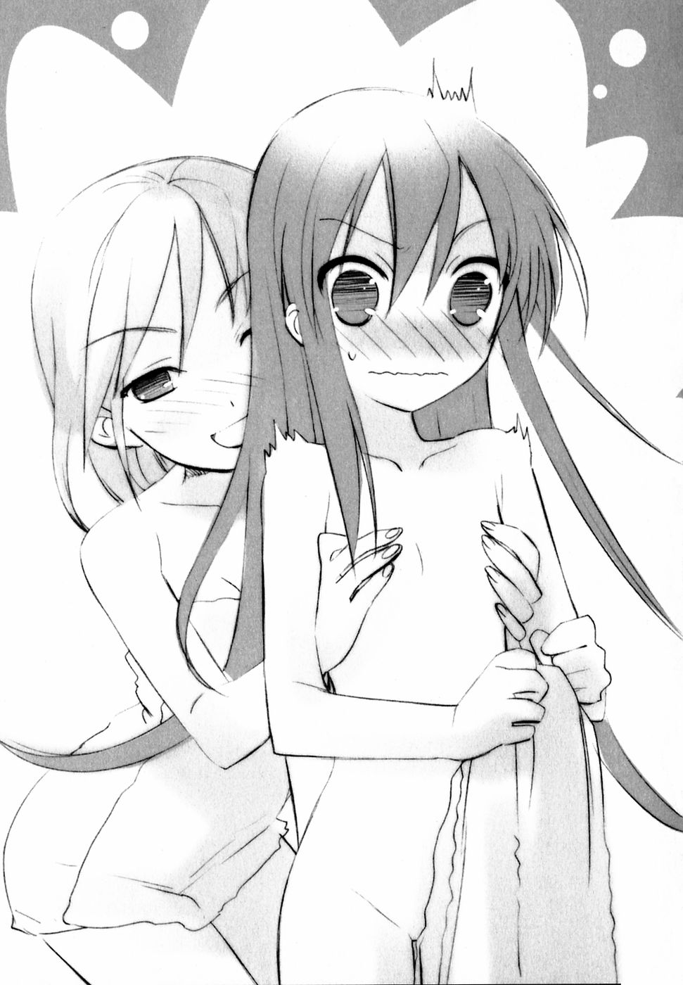 blush breasts cleavage flat_chest flat_chest_grab grabbing greyscale highres itou_noiji monochrome multiple_girls naked_towel naughty_face nose_blush nude shakugan_no_shana shana small_breasts surprised towel wavy_mouth yuri