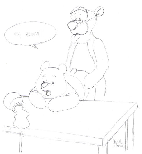 2005 anal bear black_and_white butt chubby dialog disney feline gay honey humor hungry male mammal monochrome nude overweight pooh pooh_bear sex sketch text tiger tigger unknown_artist unknown_artist_signature winnie_the_pooh winnie_the_pooh_(franchise)