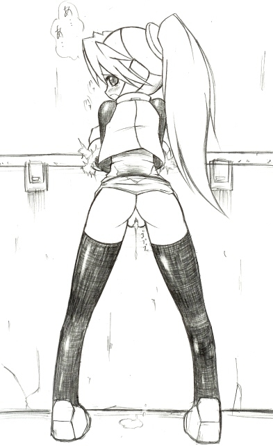 against_wall artist_request ass bent_over blush ciel_(rockman) cum cumdrip from_behind greyscale long_hair looking_back monochrome no_panties open_mouth ponytail pussy robot rockman rockman_zero skirt skirt_lift solo thighhighs uncensored