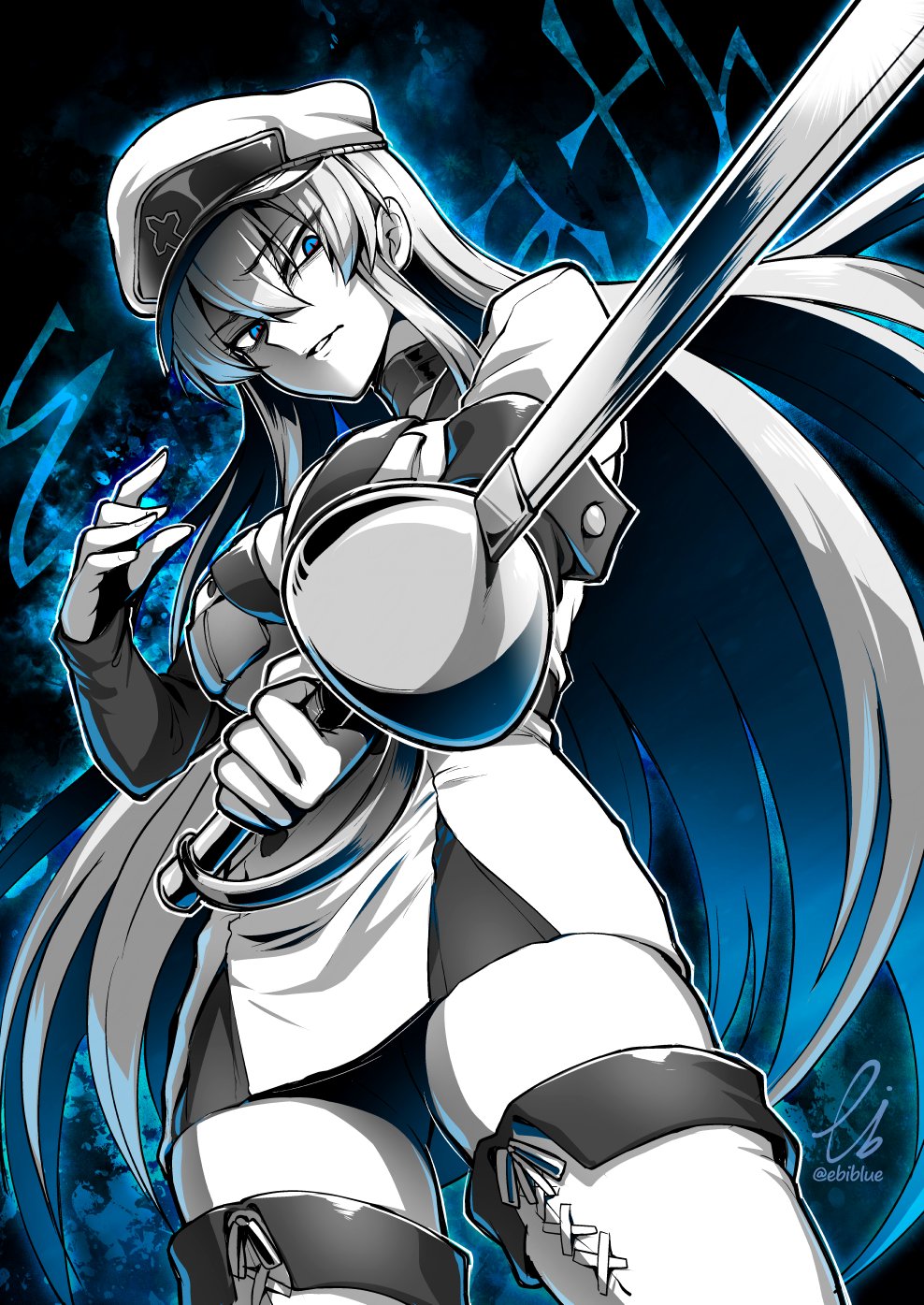 1girl akame_ga_kill! bangs blue_eyes boots breasts choker cleavage cowboy_shot ebiblue esdeath eyebrows_visible_through_hair gesugao greyscale hair_between_eyes hat highres holding holding_sword holding_weapon large_breasts long_hair long_sleeves looking_at_viewer military military_uniform monochrome open_mouth partially_colored peaked_cap rapier sadism shaded_face skirt solo sword thigh_boots thighhighs thighs twitter_username uniform very_long_hair weapon