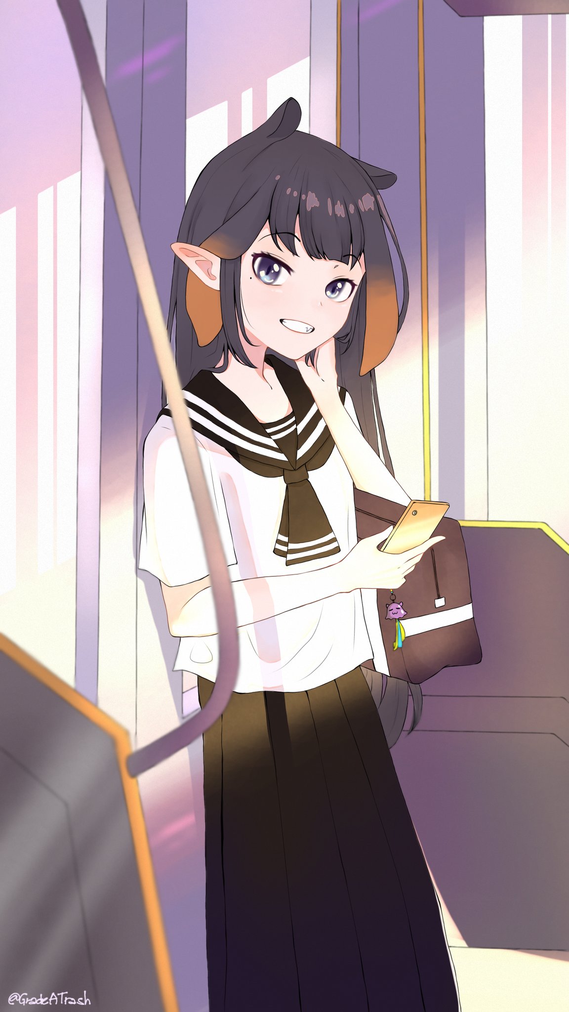 1girl alternate_costume bag bangs black_hair black_skirt cellphone cellphone_charm eyebrows_visible_through_hair fang hair_flaps highres holding holding_phone hololive hololive_english july_(gradeatrash) long_pointy_ears long_skirt looking_at_viewer mole mole_under_eye ninomae_ina'nis phone pointy_ears sailor_collar school_bag school_uniform serafuku skirt smartphone smile solo tako_(ninomae_ina'nis) tentacle_hair train_interior twitter_username virtual_youtuber