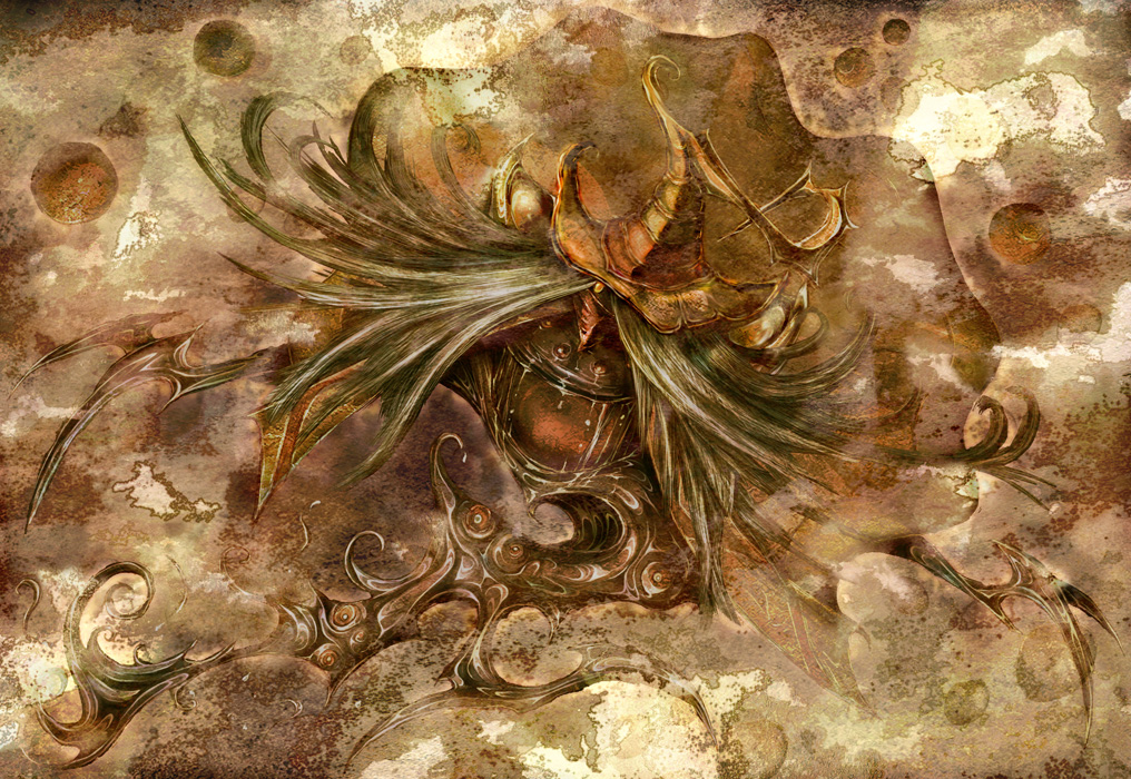 1girl abstract abstract_background brown_background drawcia eldritch_abomination extra_eyes hat kamazaki_shinya kirby_(series) long_hair mask mouth_mask no_humans orb solo very_long_hair witch witch_hat yellow_eyes