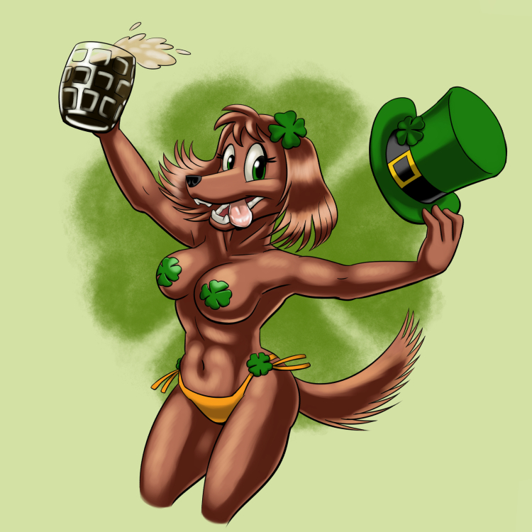 anthro bird_dog breasts canid canine canis carelessdoodler clothing clover domestic_dog female hat headgear headwear holidays hunting_dog irish_setter mammal setter solo st._patrick's_day
