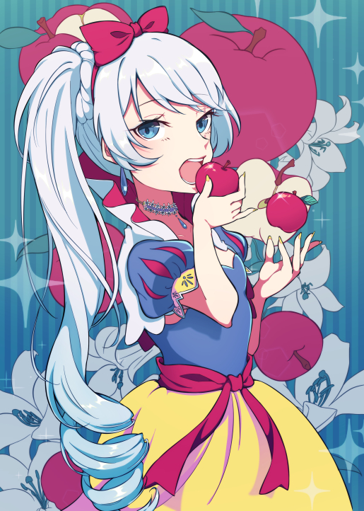 1girl apple bangs blue_background blue_eyes blue_shirt bow braid cosplay earrings eyebrows_visible_through_hair food fruit hair_bow holding holding_food holding_fruit jewelry long_hair maguro_(guromaguro) necklace open_mouth red_apple red_bow rwby shiny shiny_hair shirt short_sleeves side_ponytail silver_hair skirt snow_white_(disney) snow_white_(disney)_(cosplay) snow_white_and_the_seven_dwarfs solo standing vertical-striped_background very_long_hair weiss_schnee yellow_skirt