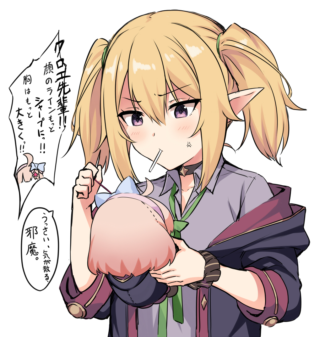 1girl anger_vein bangs black_jacket blonde_hair blush breasts chieru_(princess_connect!) chloe_(princess_connect!) choker collared_shirt elf horosuke_(toot08) jacket long_hair mouth_hold needle pointy_ears princess_connect! princess_connect!_re:dive purple_eyes shirt small_breasts speech_bubble stitching stuffed_toy translation_request