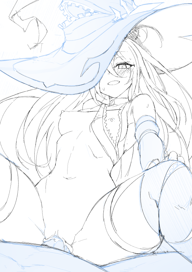 1girl aisha_landar blush breasts cowgirl_position cum cum_in_pussy detached_sleeves elsword hat long_hair looking_down nipples one_eye_covered oz_sorcerer_(elsword) sketch small_breasts smile straddling sweat thighhighs very_long_hair waero witch_hat zipper