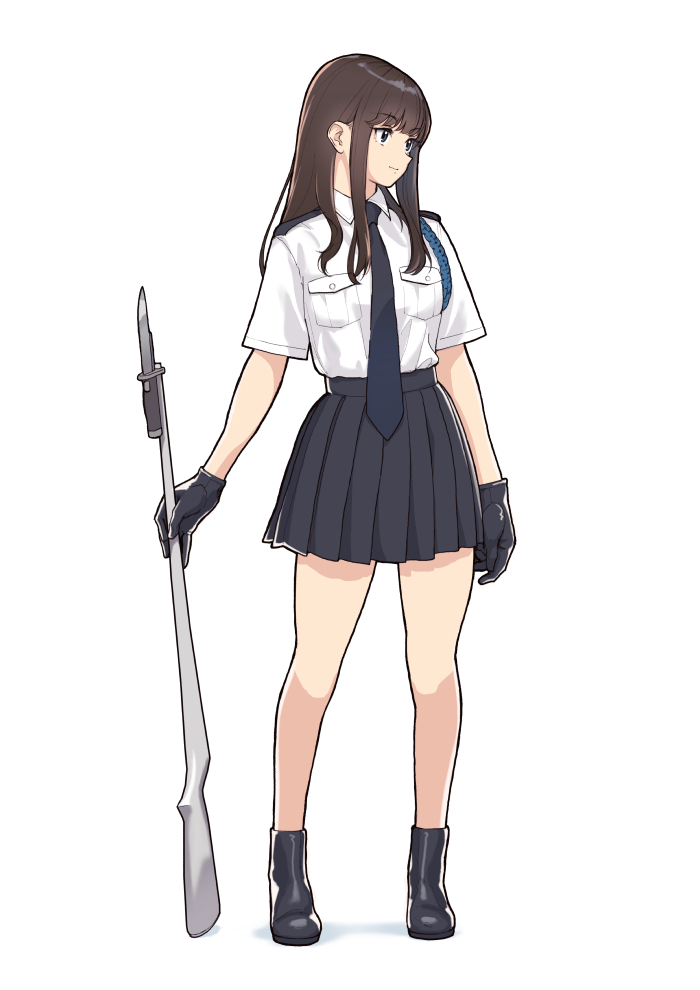 1girl aiguillette bayonet black_footwear black_gloves blue_eyes brown_hair full_body genso gloves long_hair looking_to_the_side miniskirt necktie original pleated_skirt shirt shirt_tucked_in short_sleeves simple_background skirt solo standing straight_hair white_background white_shirt