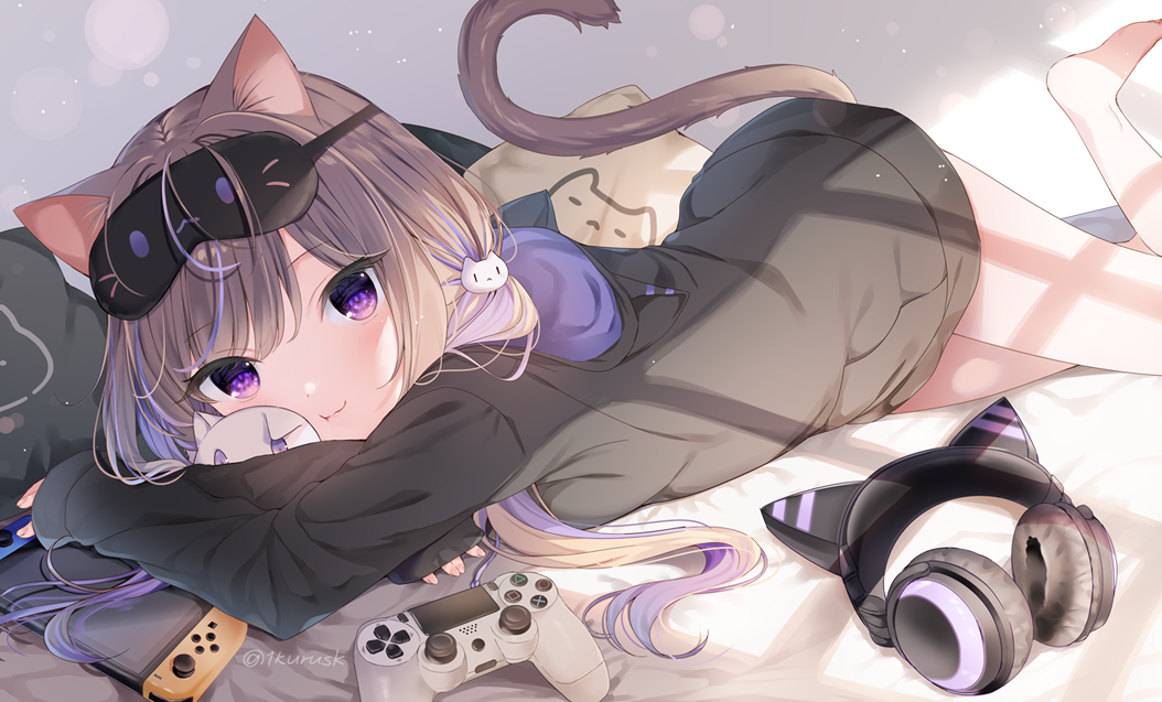 1girl :3 animal_ears bangs barefoot black_sweater brown_hair cat_ears cat_girl cat_hair_ornament cat_tail commentary_request controller eyebrows_visible_through_hair eyepatch eyepatch_lift hair_ornament headphones long_hair long_sleeves looking_at_viewer lying mafuyu_(chibi21) multicolored_hair nintendo_switch no_pants on_stomach original pillow purple_eyes purple_hair sidelocks smile solo sweater tail twitter_username