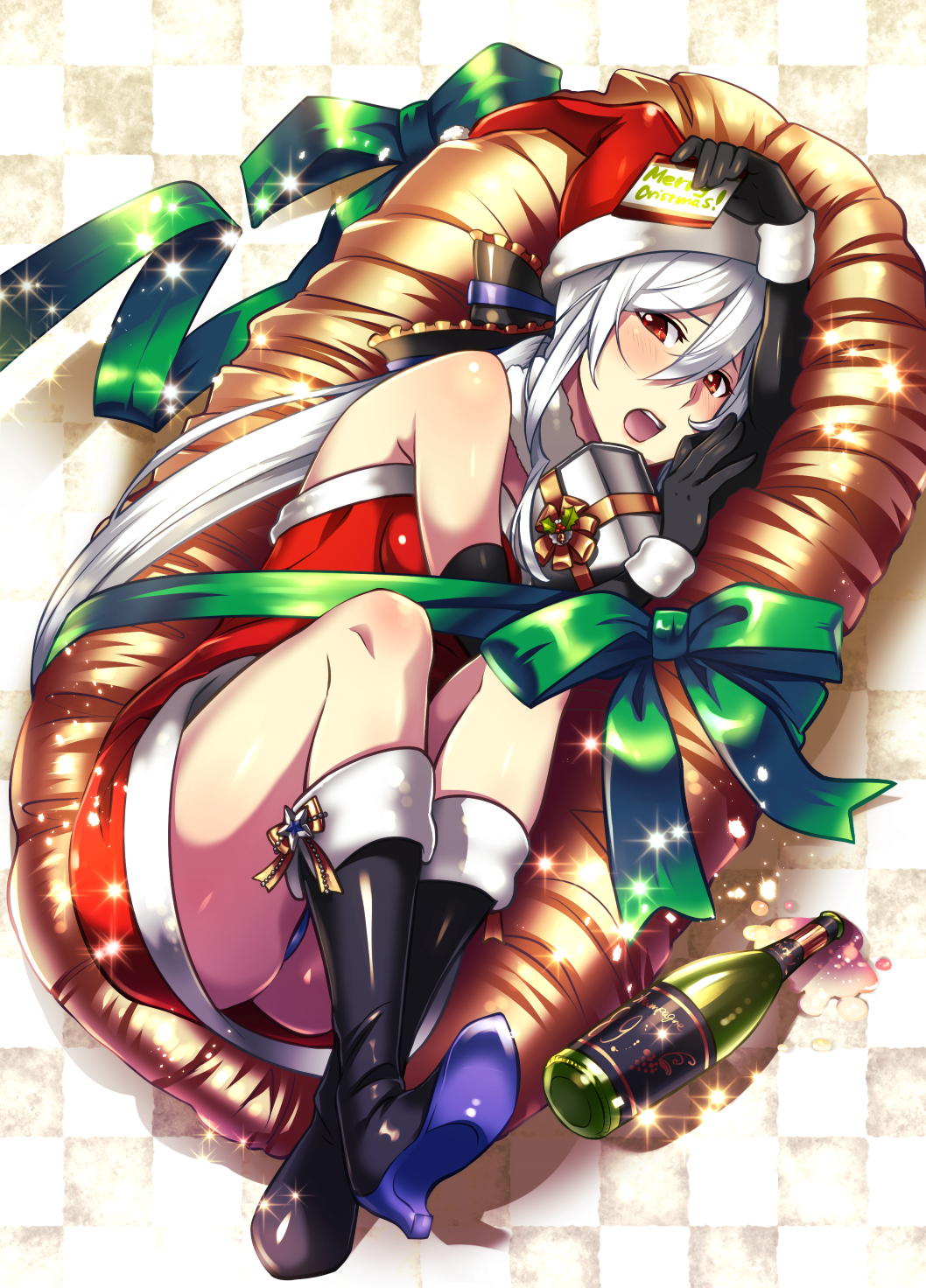 1girl bangs bare_shoulders black_footwear black_gloves blush boots bottle bow caffein card commentary_request drill_hair elbow_gloves frilled_bow frills from_above gloves hair_between_eyes hair_bow hat highres holding holding_card knee_boots long_hair looking_at_viewer lying merry_christmas on_side open_mouth panties ponytail red_eyes santa_costume santa_dress santa_hat solo underwear upper_teeth vocaloid voyakiloid yowane_haku