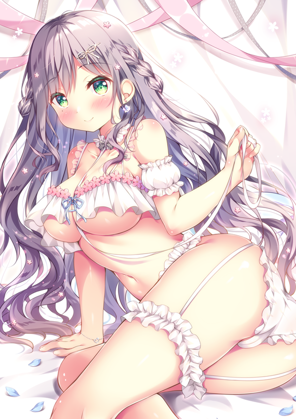 1girl arm_support ass bangs between_breasts blush body_blush bracelet braid breasts cameltoe cleavage commentary_request earrings garters green_eyes grey_hair hair_ornament hair_ribbon jewelry large_breasts leaning_to_the_side lingerie looking_at_viewer navel original panties petals ribbon smile solo suzukawa_yui underboob underwear underwear_only wavy_hair white_panties white_ribbon