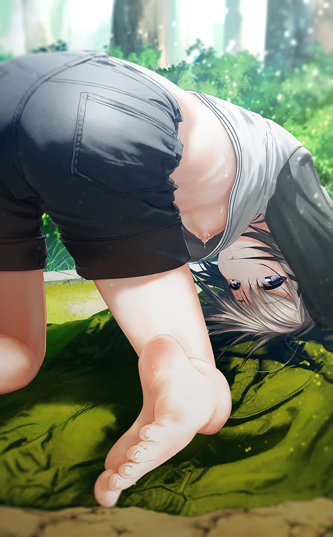 1girl barefoot black_shirt black_shorts blue_eyes breasts bush day feet foreshortening grey_hair head_down jacket jacket_removed kurotuki_nn long_sleeves looking_at_viewer no_bra official_art original orz outdoors raglan_sleeves re:lief_~shin'ai_naru_anata_e~ shirt short_hair shorts small_breasts soles solo sweat toes two-tone_shirt upshirt white_hair white_shirt