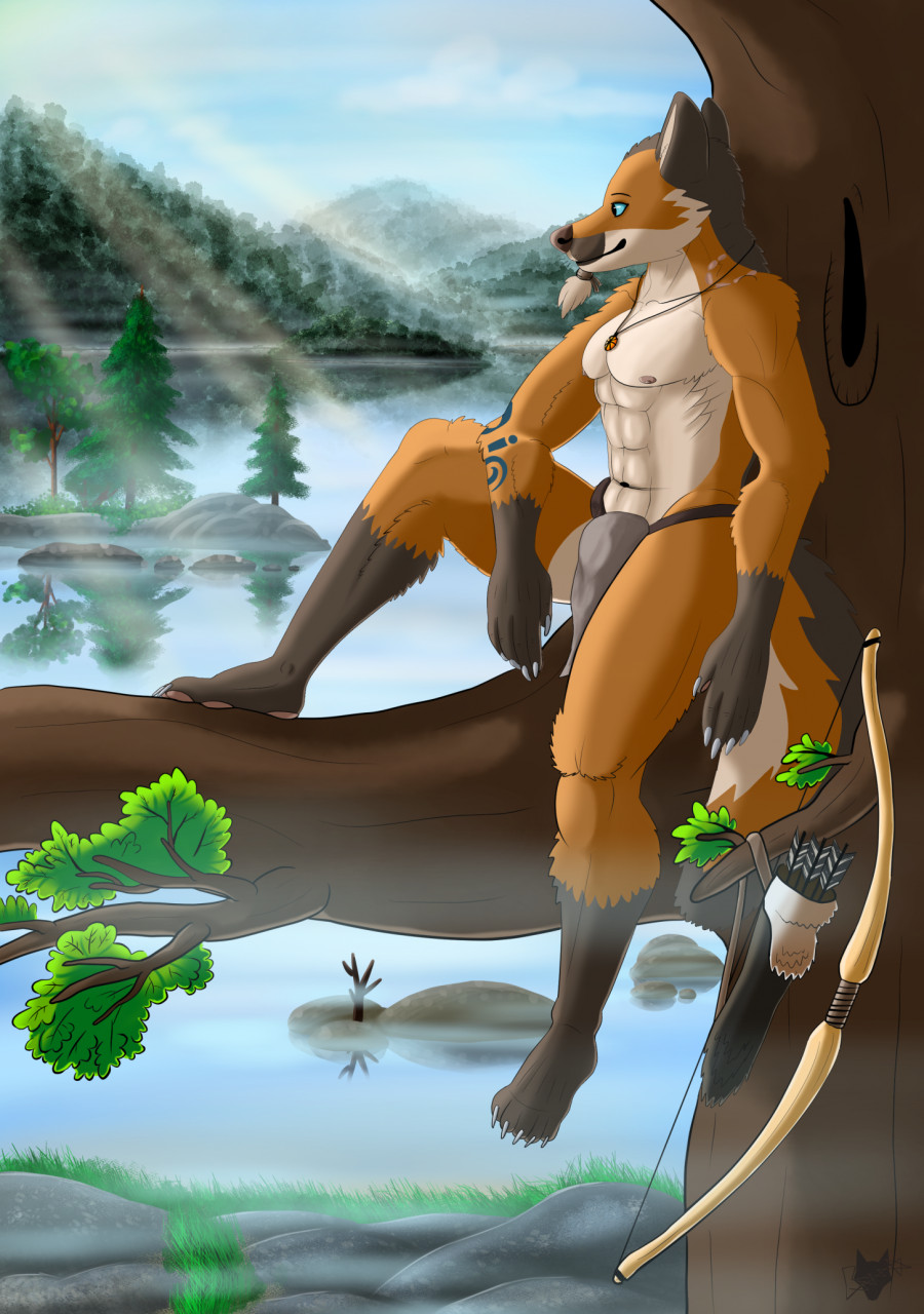 2020 5_fingers 5_toes abs against_tree anthro arm_markings arrow athletic athletic_anthro athletic_male bottomwear bow_(weapon) branch brown_body brown_fur brown_nose canid canine claws clothed clothing digital_media_(artwork) feet finger_claws fingers fox fur gloves_(marking) hi_res jewelry lake leg_markings loincloth male mammal markings mesolithic multicolored_body multicolored_fur nature navel neck_markings necklace nipples on_branch orange_body orange_fur outside pawpads pecs pink_pawpads plant prehistoric quiver ranged_weapon relaxing sakara shirogu5 signature sitting sitting_on_branch smile socks_(marking) solo toe_claws toes topless topless_male tree tribal tribal_clothing tribal_markings weapon white_body white_fur