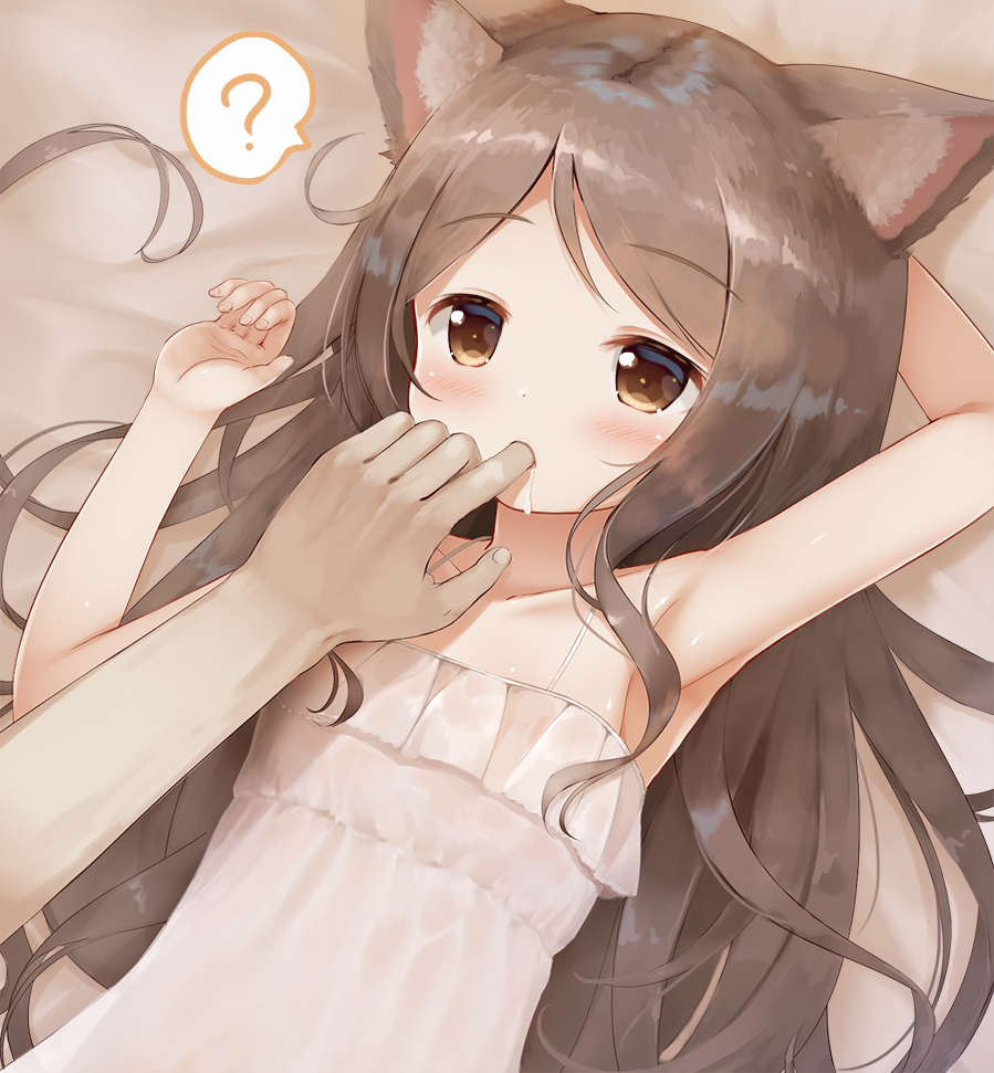 1girl ? animal_ears brown_eyes brown_hair camisole finger_in_another's_mouth flat_chest long_hair lying on_back original psyche3313 saliva spoken_question_mark