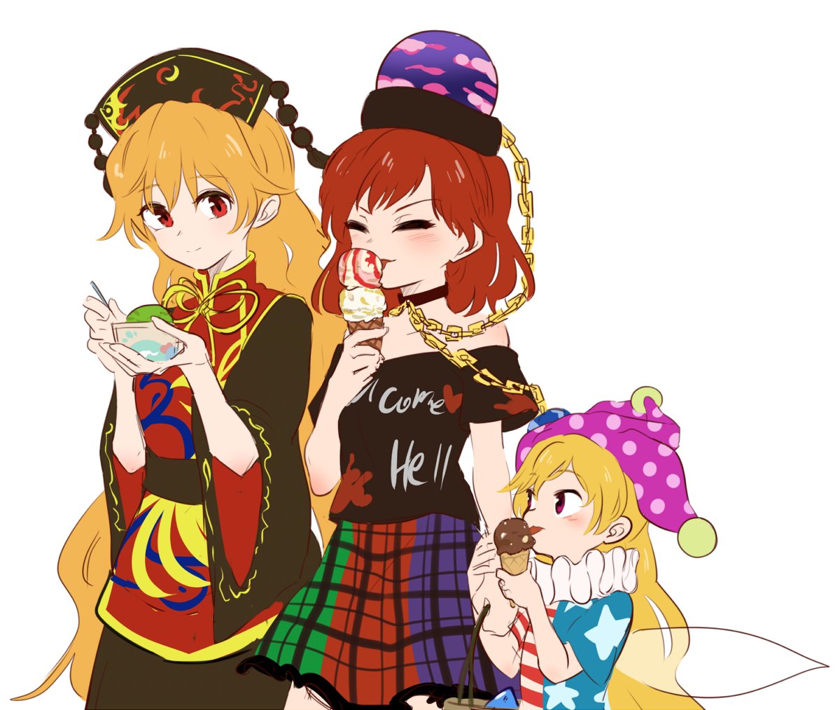 3girls american_flag american_flag_dress american_flag_shirt bangs black_dress black_shirt blonde_hair blush chain chinese_clothes clownpiece commentary_request crescent dress earth_(ornament) fairy fairy_wings food frilled_shirt_collar frills gold_chain hat headdress hecatia_lapislazuli holding holding_food ice_cream jester_cap junko_(touhou) licking long_hair looking_at_another moon_(ornament) multicolored multicolored_clothes multicolored_skirt multiple_girls off-shoulder_shirt off_shoulder plaid plaid_skirt polka_dot polka_dot_headwear polos_crown red_eyes red_hair shikushiku_(amamori_weekly) shirt skirt standing star_(symbol) star_print t-shirt tongue touhou white_background wide_sleeves wings