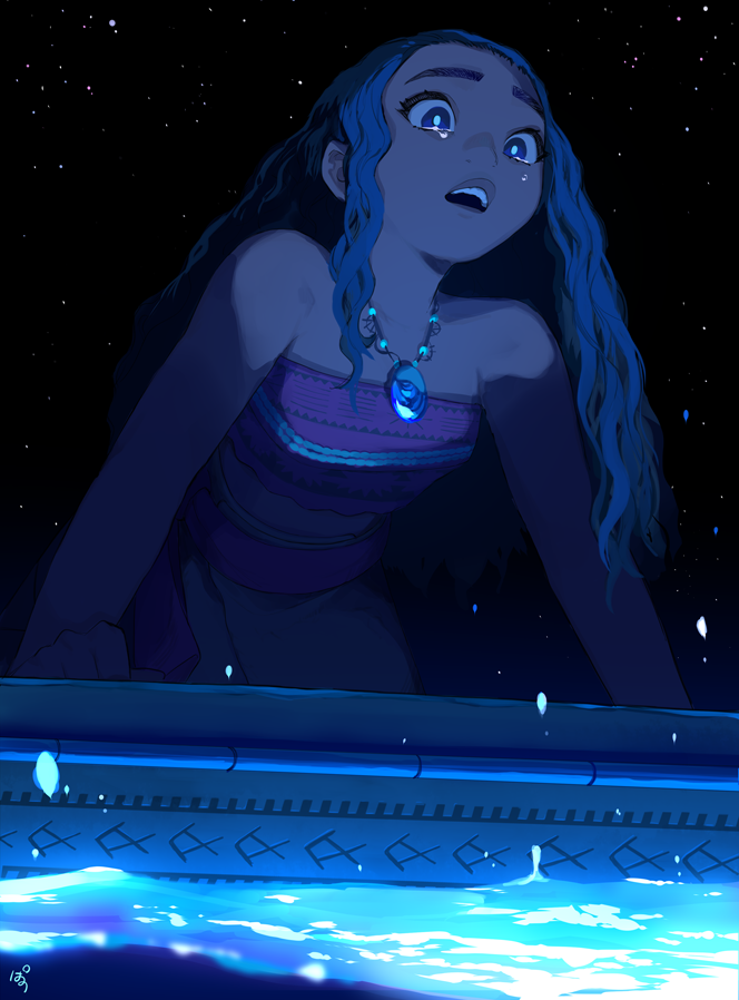 1girl all_fours bare_shoulders crying crying_with_eyes_open dark_skin dark_skinned_female flat_chest glowing_liquid jewelry lips long_hair moana_(movie) moana_waialiki necklace night open_mouth orz pano_(mohayayamai) pendant sky solo star_(sky) starry_sky strapless tears thick_eyebrows tubetop upper_teeth water wavy_hair