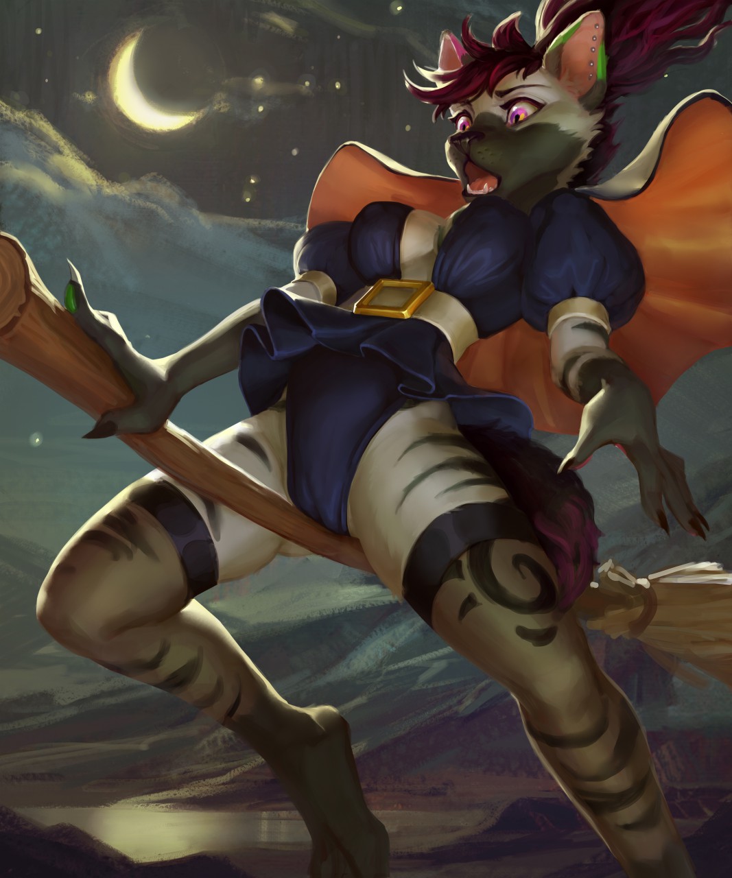 anthro asiri broom camel_toe cleaning_tool clothing doriangolovka female hi_res hyaenid lake legwear magic_user mammal moon mountain night open_mouth riding_broom solo star stockings striped_hyena surprised_expression witch