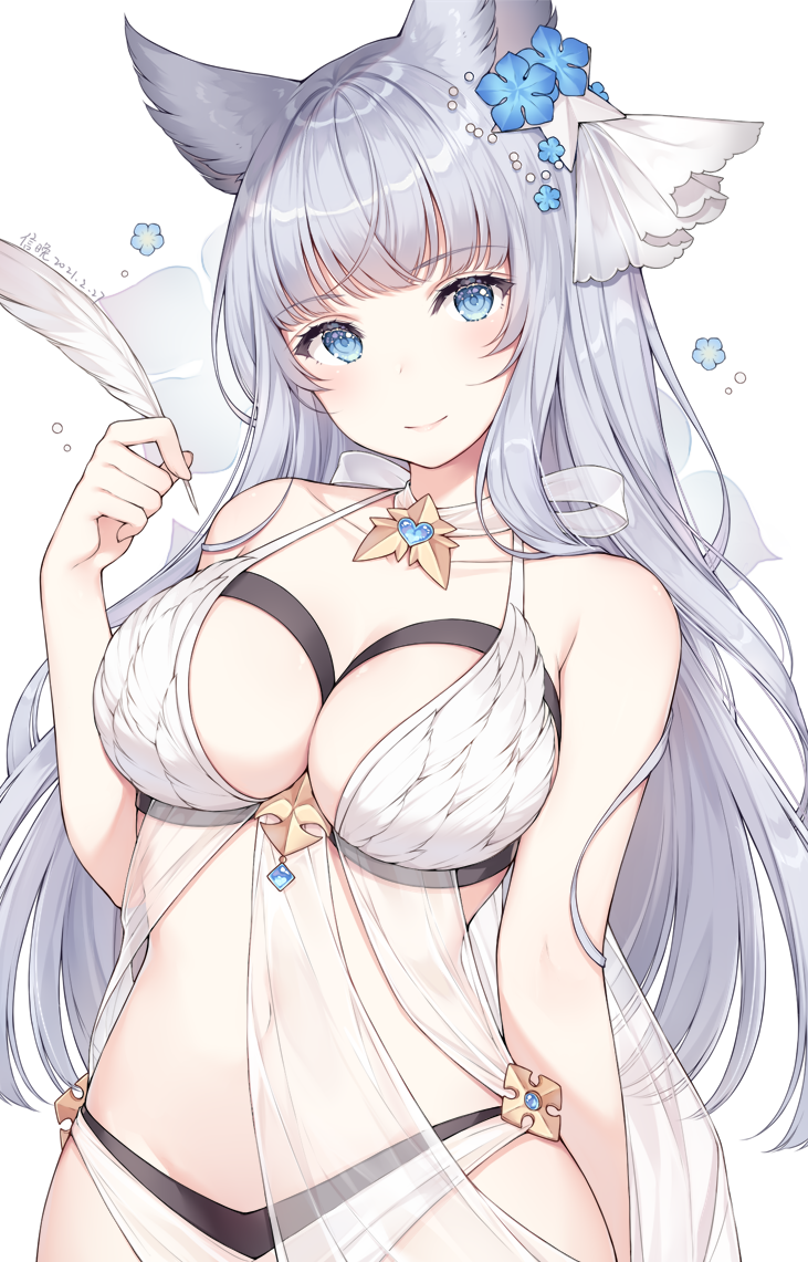 1girl animal_ears ayuanlv bare_shoulders bikini blue_eyes breasts choker cleavage collarbone cowboy_shot erune feathers flower granblue_fantasy groin hair_flower hair_ornament halter_top halterneck hand_up holding korwa large_breasts long_hair looking_at_viewer navel see-through silver_hair smile solo stomach swimsuit white_bikini