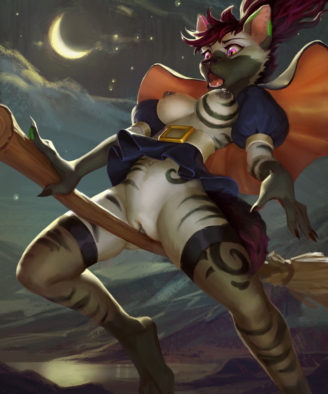 anthro asiri breasts broom broom_riding cleaning_tool clothing doriangolovka female genitals hi_res hyaenid lake legwear magic_user mammal moon mountain navel navel_piercing night nipple_piercing nipples piercing pussy solo star stockings striped_hyena surprised_expression witch