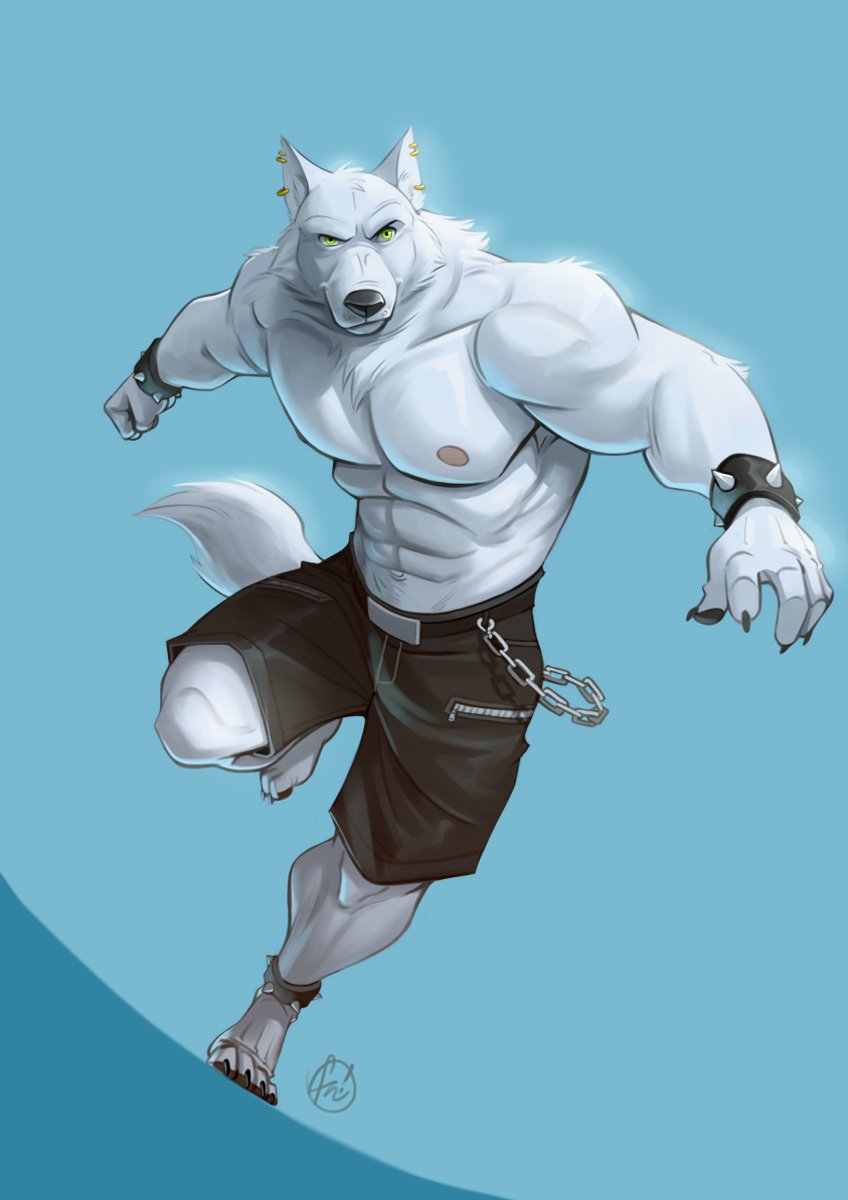 2021 abs anthro biceps bottomwear canid canine canis clothed clothing ear_piercing fur furrybob green_eyes hi_res male mammal muscular muscular_anthro muscular_male nipples pecs piercing solo topless topless_male wolf