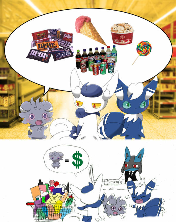 abuse ambiguous_gender anthro beverage blush candy dessert espurr female food grabbing_legs groceries grocery_store group hershey's ice_cream junk_food lollipop lucario m&amp;m's male mars_incorporated meowstic multi_tail nintendo panic pok&eacute;mon pok&eacute;mon_(species) shopping_cart soda tired_of_this_shit video_games winick-lim