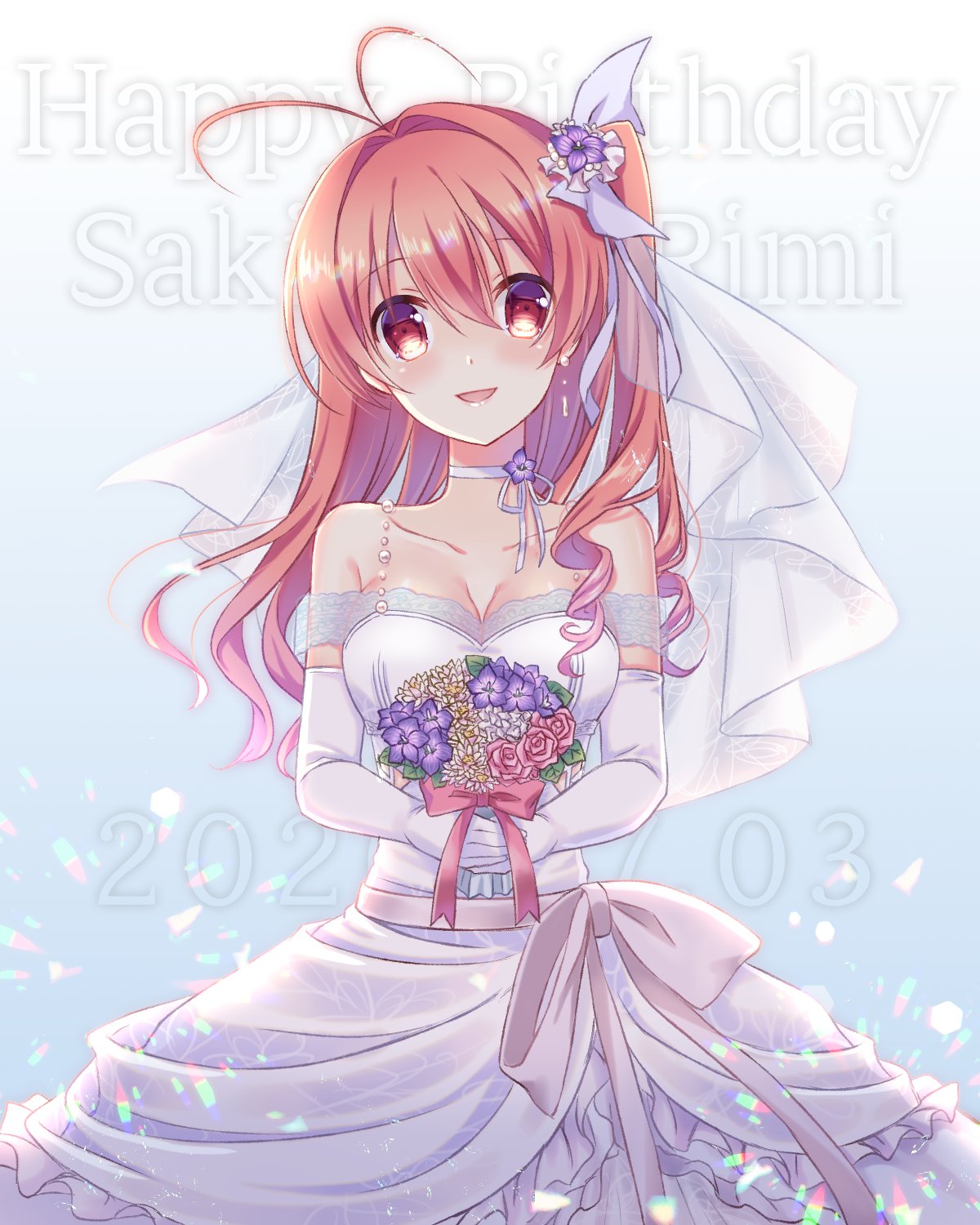 1girl 2020 :d antenna_hair bangs blush bouquet bow breasts brown_hair chaos;head character_name choker cleavage collarbone dated dress elbow_gloves eyebrows_visible_through_hair flower frilled_dress frills gloves grey_bow hair_between_eyes hair_bow hair_intakes happy_birthday highres holding holding_bouquet long_dress long_hair looking_at_viewer medium_breasts nishijou_myu off-shoulder_dress off_shoulder open_mouth pink_flower pink_rose purple_flower red_eyes ribbon ribbon_choker rose sakihata_rimi shiny shiny_hair side_ponytail smile solo standing strapless strapless_dress wedding_dress white_dress white_flower white_gloves white_ribbon