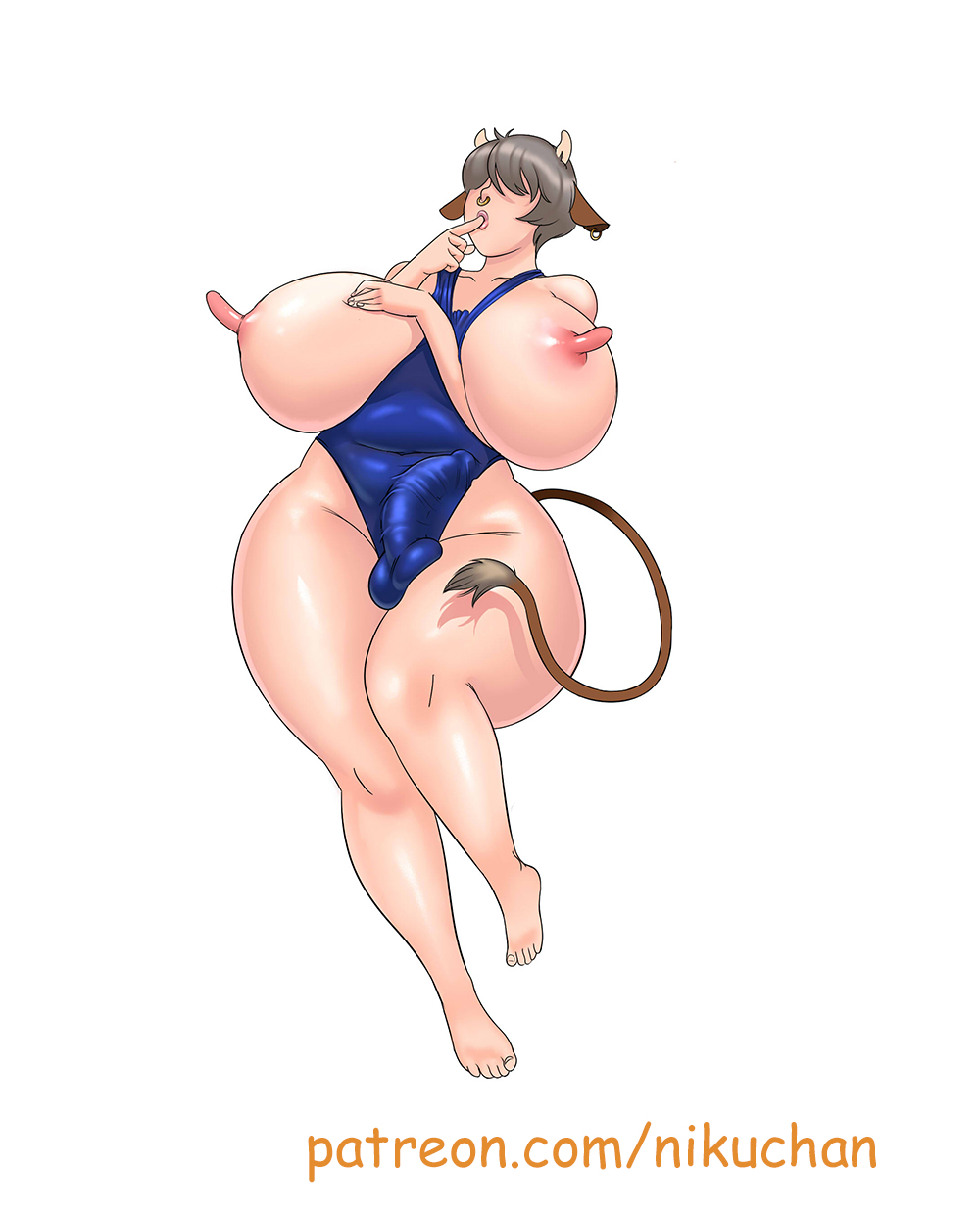 animal_humanoid balls big_breasts bovid bovid_humanoid bovine bovine_humanoid breasts bulge clothing ear_piercing ear_ring erect_nipples facial_piercing genitals grey_hair gynomorph hair hair_over_eyes hi_res horn humanoid intersex long_nipples mammal mammal_humanoid nikuyoku nipples nose_piercing nose_ring one-piece_swimsuit piercing simple_background solo swimwear text url