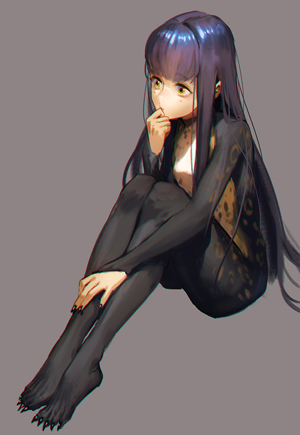 1girl character_request commentary_request copyright_request kokutan_kitsunen lizard_girl long_hair looking_to_the_side mole purple_hair sharp_toenails simple_background sitting solo toenails yellow_eyes