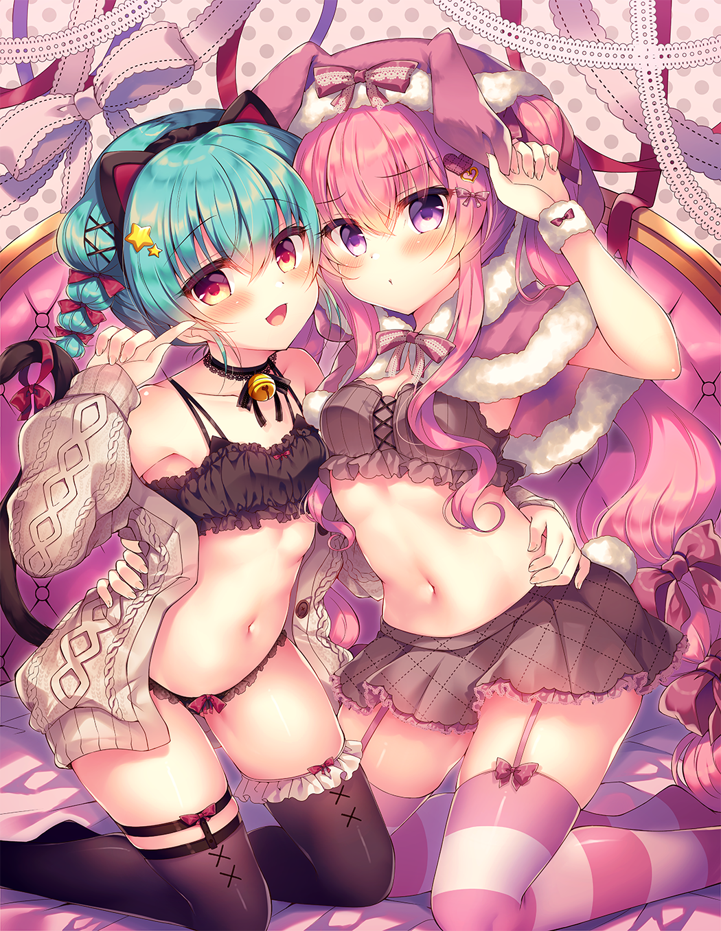 2girls :d animal_ears arm_up bangs bell black_bra black_hairband black_legwear black_panties blush bow bow_bra bow_panties bra brown_jacket brown_skirt capelet cat_ears cat_tail closed_mouth commentary_request eyebrows_visible_through_hair fake_animal_ears frilled_legwear fur-trimmed_capelet fur_trim garter_straps green_hair hair_between_eyes hair_bow hair_ornament hairband heart heart_hair_ornament highres jacket jingle_bell kneeling lilia_chocolanne long_hair long_sleeves multiple_girls navel off_shoulder open_clothes open_jacket original panties pink_capelet pink_hair pleated_skirt puffy_long_sleeves puffy_sleeves purple_eyes rabbit_ears rabbit_girl rabbit_tail red_bow red_eyes skirt sleeves_past_wrists smile star_(symbol) star_hair_ornament striped striped_legwear suzunone_rena tail thighhighs twintails underwear very_long_hair x_hair_ornament