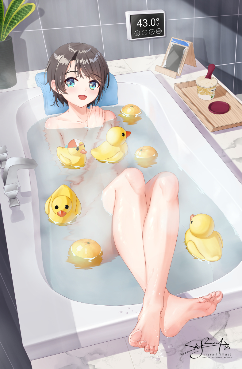 1girl artist_name bangs barefoot bath bathing bathtub black_hair blue_eyes blush cellphone commentary_request convenient_censoring eyebrows_visible_through_hair feet food fruit full_body haagen-dazs highres hololive ice_cream looking_at_viewer nude oozora_subaru open_mouth orange partially_submerged phone plant potted_plant rubber_duck short_hair signature sitting skyrail smartphone smile soles solo toes virtual_youtuber water wet wet_hair
