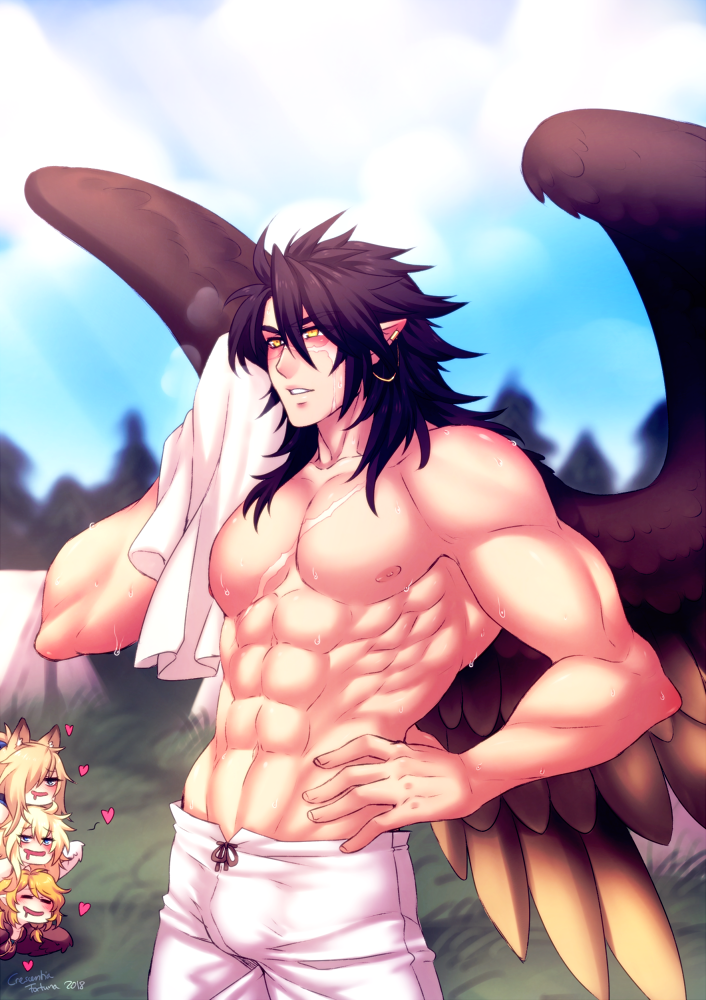 1boy abs bara black_hair blush bulge character_request crescentia feathered_wings fire_emblem fire_emblem:_radiant_dawn large_pectorals male_focus muscular muscular_male navel nipples pants peeking_out pointy_ears shirtless short_hair sidelocks solo stomach tibarn_(fire_emblem) wet white_pants wings wiping_face yellow_eyes