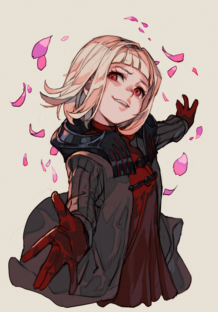 1girl blonde_hair child coat drag-on_dragoon drag-on_dragoon_1 dress gloves head_tilt hungry_clicker lips long_sleeves looking_at_viewer manah parted_lips petals red_eyes red_gloves short_hair smile solo