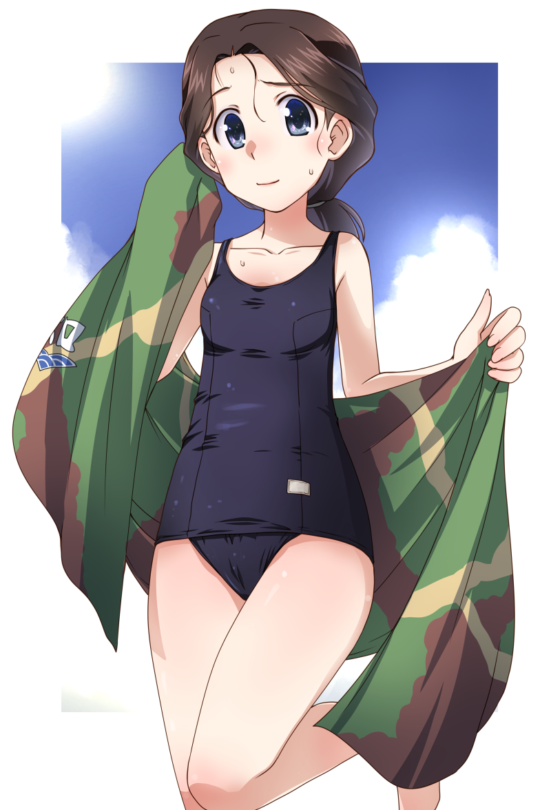 1girl black_eyes black_hair black_swimsuit blue_sky border breasts camouflage chi-hatan_(emblem) closed_mouth cloud cloudy_sky commentary_request day drying emblem girls_und_panzer green_towel hair_tie hamada_(girls_und_panzer) holding holding_towel leg_up looking_at_viewer low_ponytail medium_hair old_school_swimsuit one-piece_swimsuit osamada_meika outdoors outside_border partial_commentary ponytail school_swimsuit sky small_breasts smile solo standing standing_on_one_leg swimsuit towel wet white_border