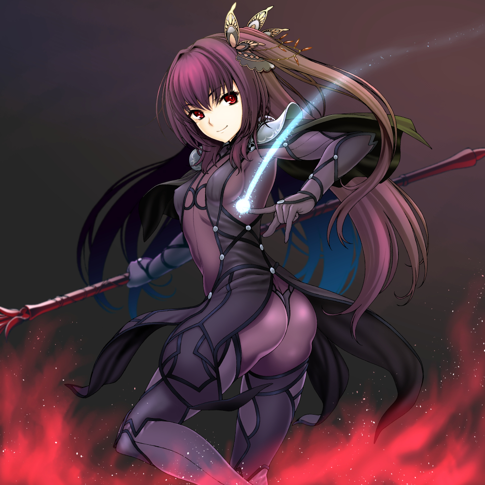 1girl alternate_hairstyle ass bodysuit butterfly_hair_ornament closed_mouth cowboy_shot fate/grand_order fate_(series) gae_bolg_(fate) hair_ornament holding holding_spear holding_weapon isse long_hair looking_at_viewer magic polearm purple_background purple_bodysuit purple_hair red_eyes scathach_(fate) scathach_(fate)_(all) side_ponytail simple_background smile solo spear weapon