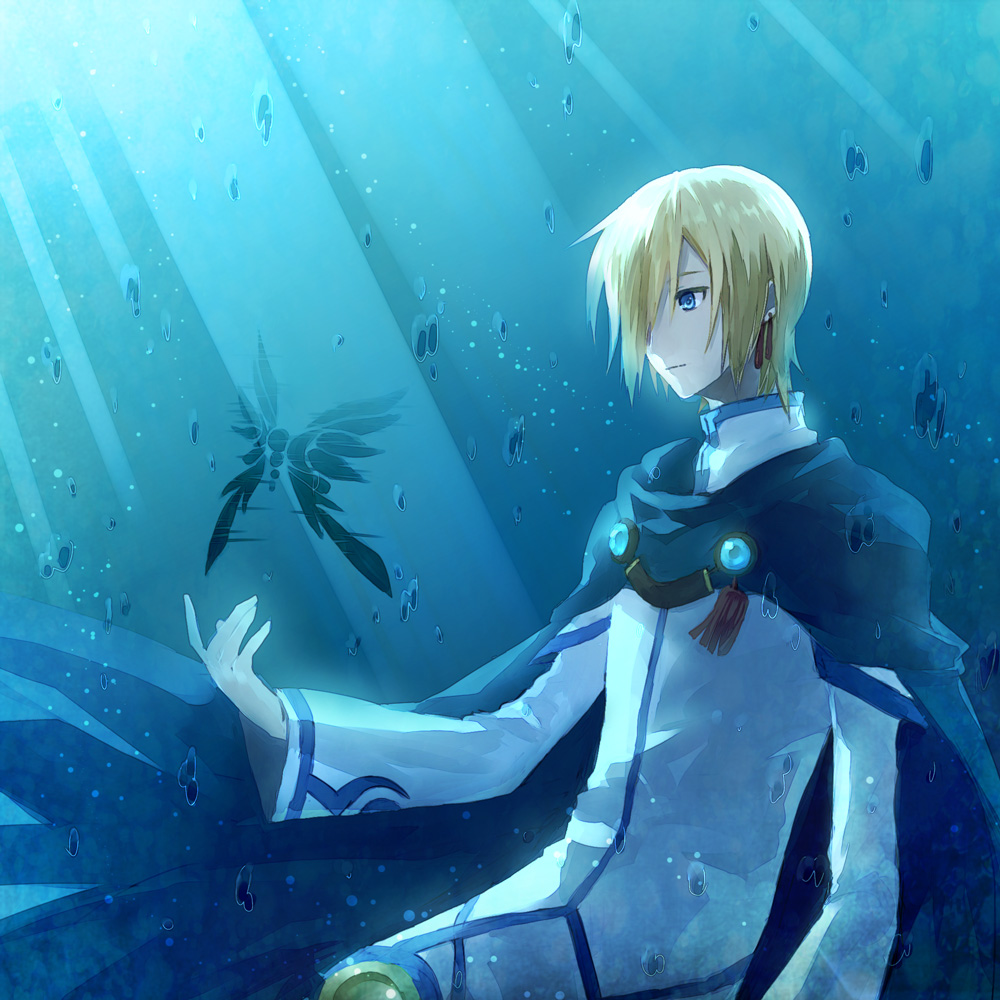 720yen aqua blonde_hair blue_eyes cape coat earrings jewelry male_focus smile solo tales_of_(series) tales_of_legendia underwater walter_delques