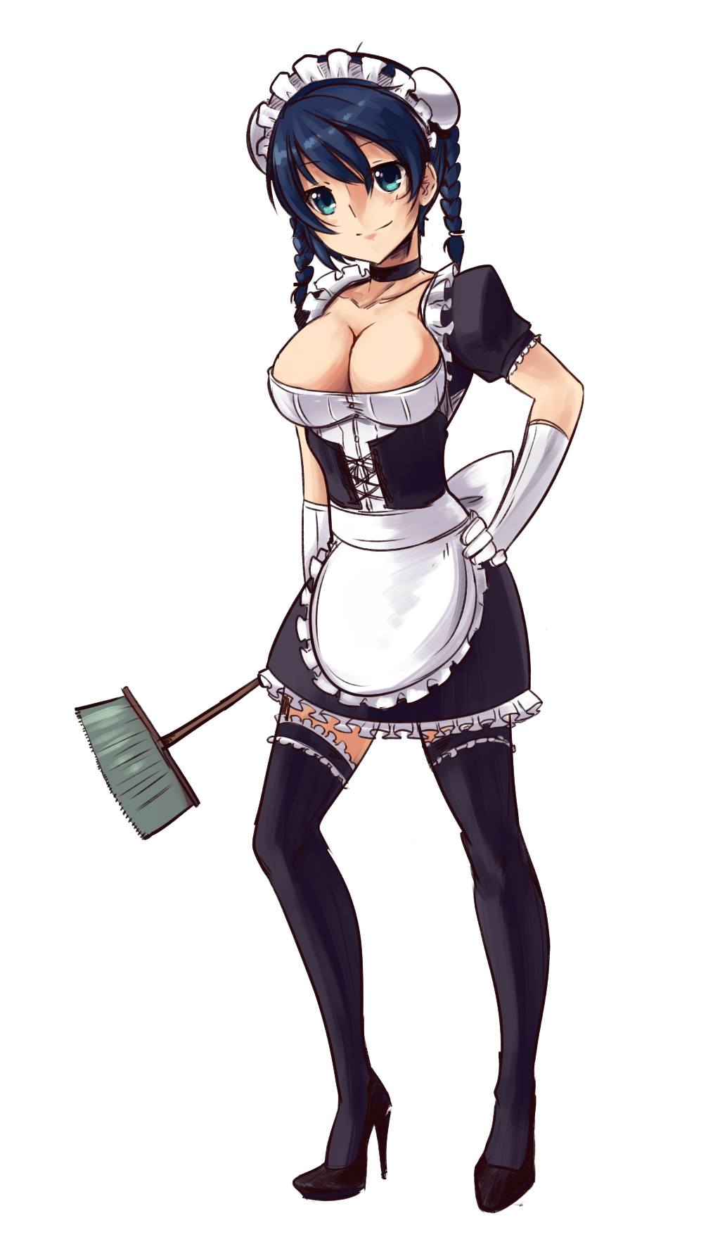1girl apron ar_tonelico blue_eyes blue_hair boa_(brianoa) braid breasts cleavage closed_mouth full_body gloves high_heels highres large_breasts long_hair looking_at_viewer maid misha_arsellec_lune smile solo thighhighs transparent_background twin_braids