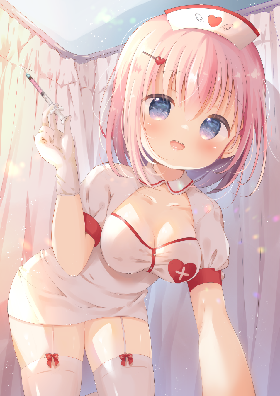 1girl :d all_fours bangs blue_eyes blush bow breasts cleavage commentary_request curtains dress eyebrows_visible_through_hair garter_straps gloves hair_between_eyes hair_ornament hairclip hand_up hat heart heart_hair_ornament highres holding holding_syringe indoors looking_at_viewer medium_breasts moe2021 nurse nurse_cap open_mouth original pink_hair red_bow rin_(fuwarin) short_sleeves smile solo syringe thighhighs white_dress white_gloves white_headwear white_legwear