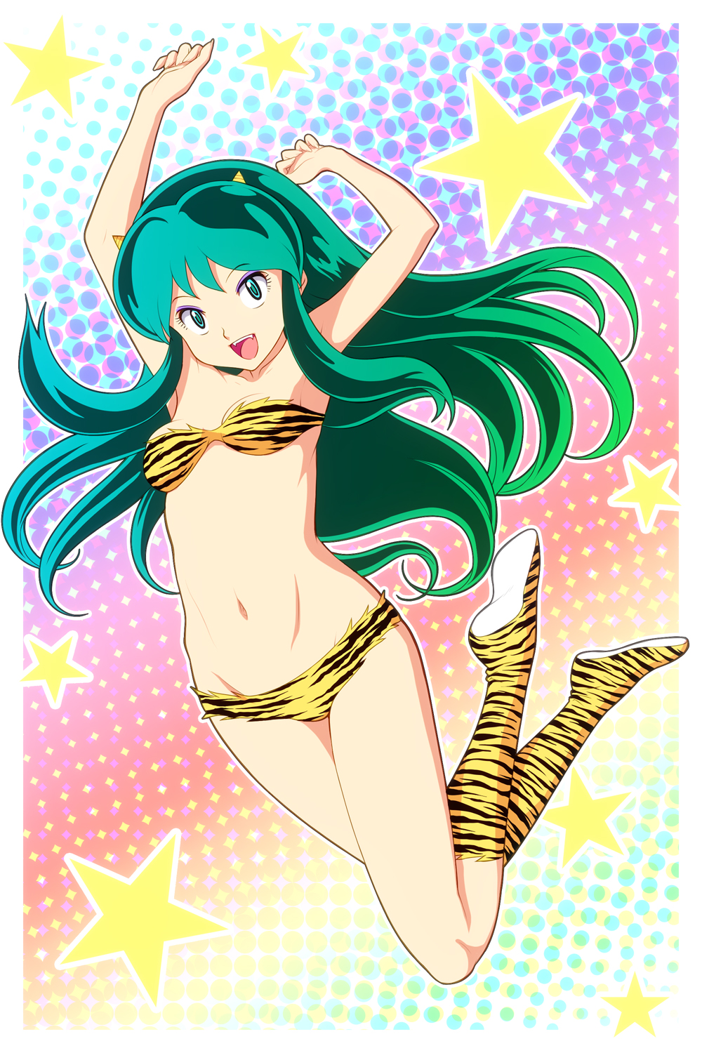 1girl animal_print armpits arms_up bikini boots breasts exit_nothing eyeshadow fangs green_eyes green_hair highres horns jumping knee_boots legs legs_up long_hair lum makeup navel oni oni_horns open_mouth print_bikini smile solo swimsuit thighs tiger_print tiger_stripes urusei_yatsura